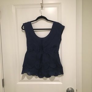 Scalloped navy silk blouse
